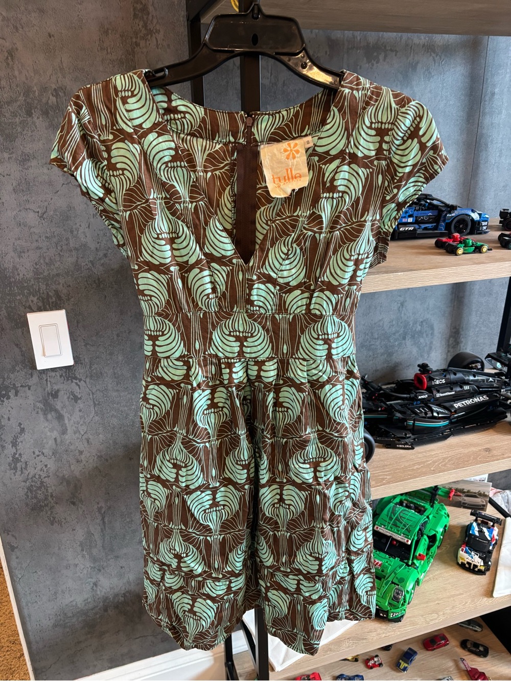 Tulle Brown and Mint Printed Short Sleeve Dress